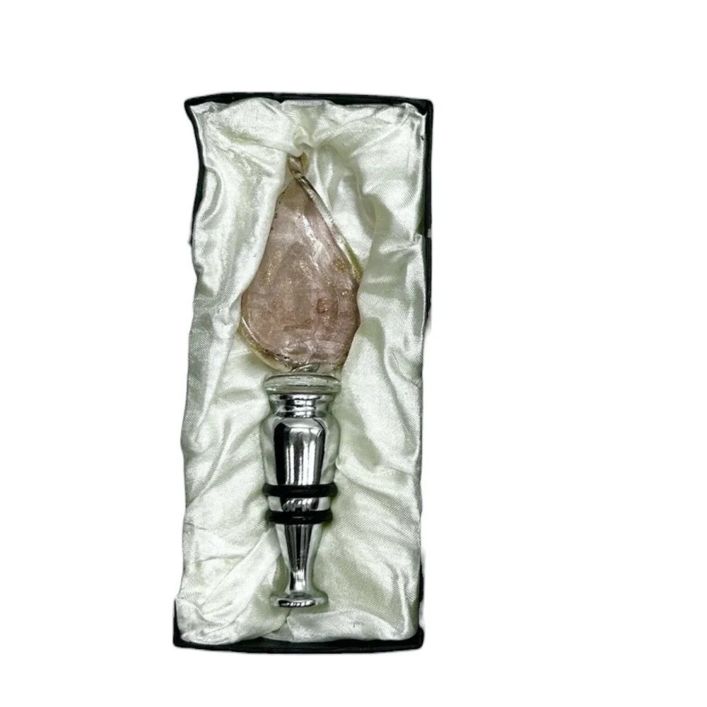 Wine Bottle Stopper - Hand Blown Pink Art Glass Silver Tone Barware with Box